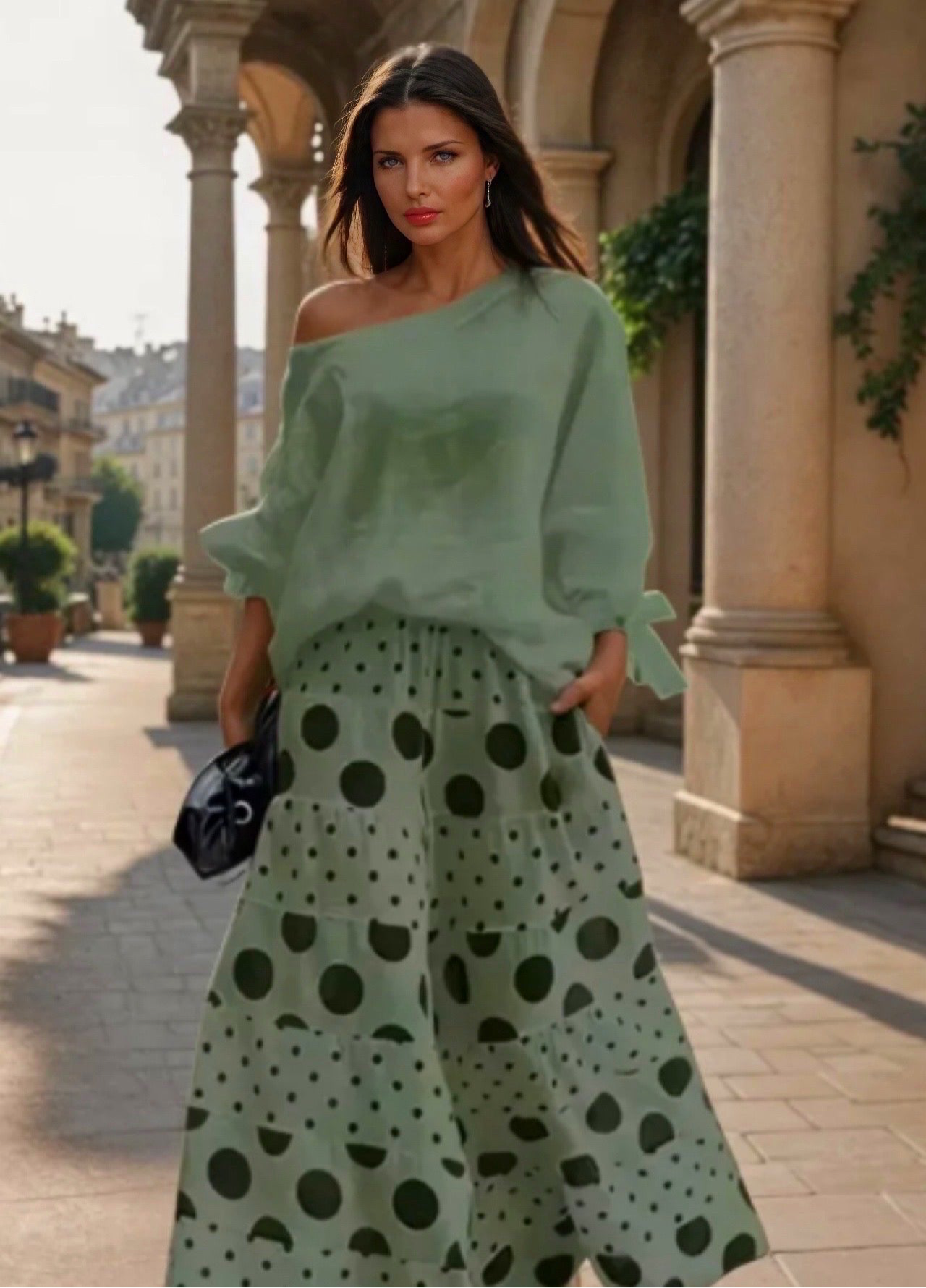 -30%OFF few units satin 2-piece set top and elastic skirt pants Fair polka dots, 3 prints, sizes (36-50)