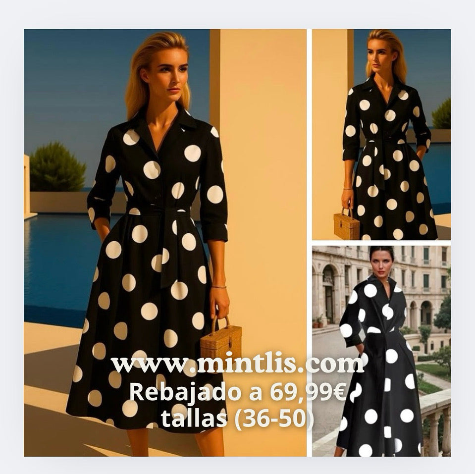 Mintlis women's cotton lycra, with elastic waistband at the back, polka dot Modena dress, sizes (36-52)
