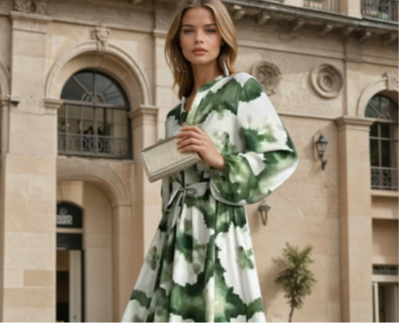 Vestido Bond verde estampado camisero, 5 tallas (36-44)