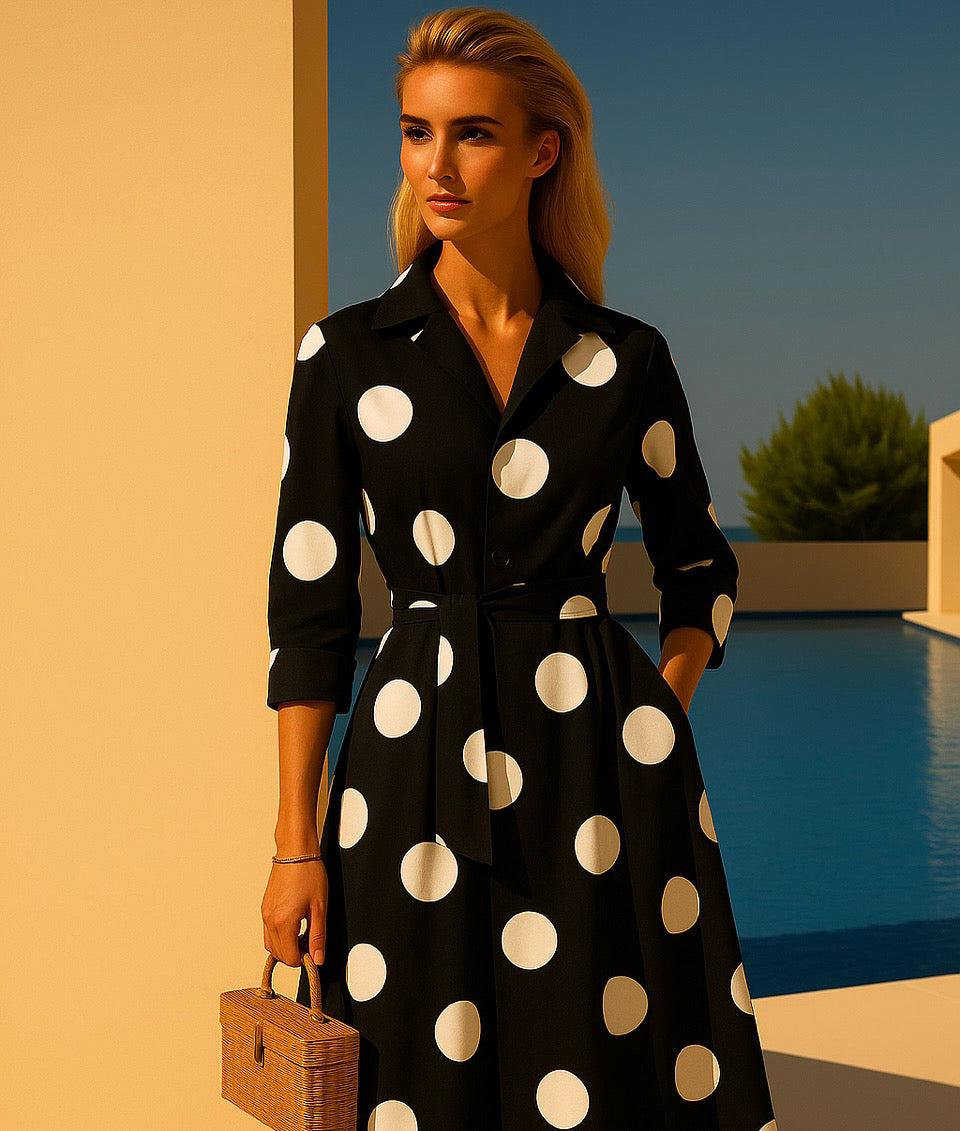 Mintlis women's cotton lycra, with elastic waistband at the back, polka dot Modena dress, sizes (36-52)