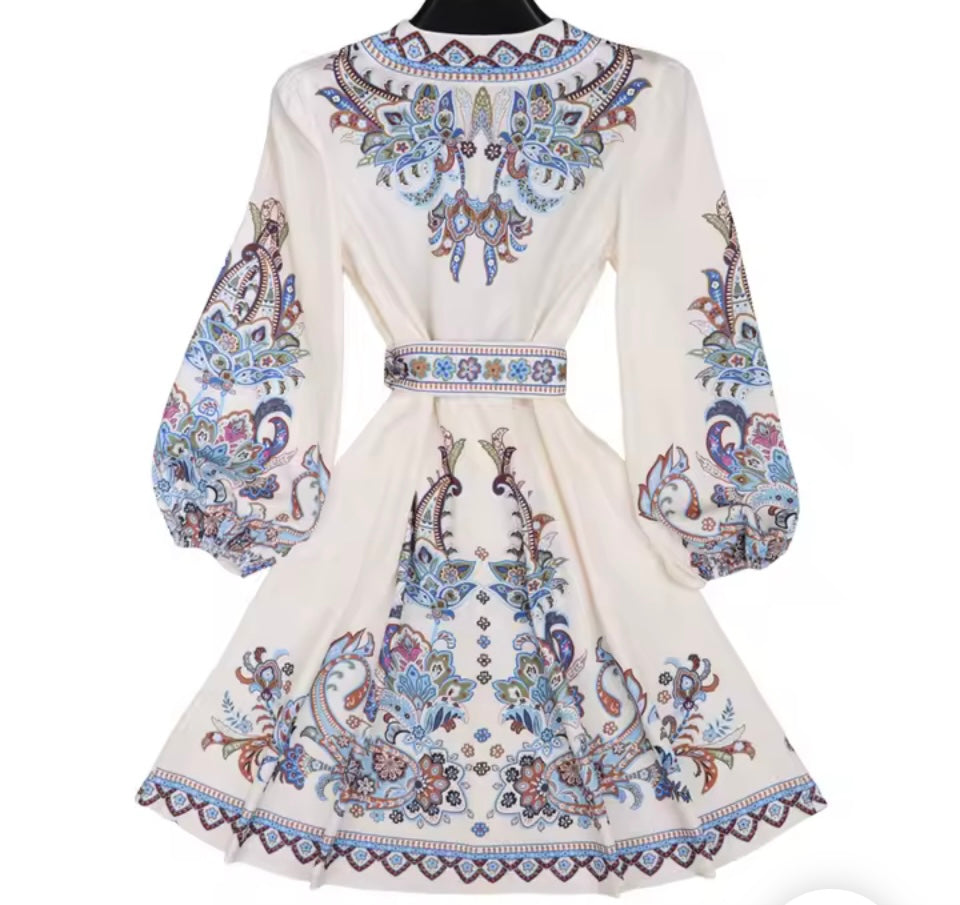 Vestido Laila con cinturón algodón crepe licra spandex , 4 tallas (36-44) estampado por dretras