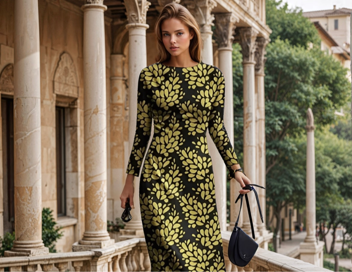 Mintlis mujer algodón licra satinado, vestido Otawa amarillo negro,tallas (36-44)