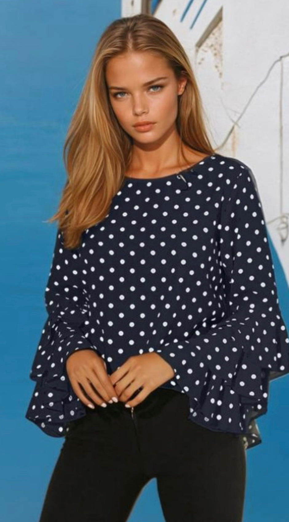 Camisa Ronda volantes mezcla algodón licra , 4 colores, 8 tallas 38-50