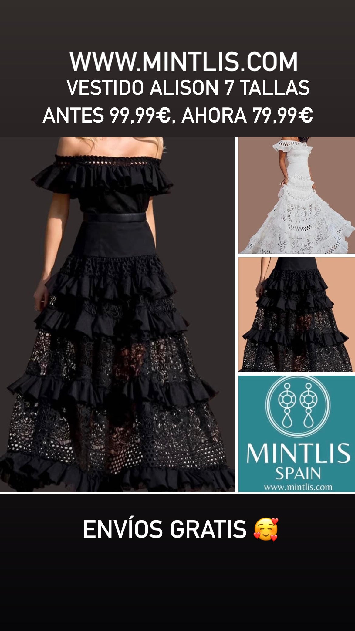 Vestido Alison volantes bordado de algodón licra y encaje, 6 tallas