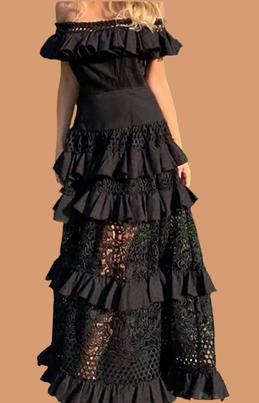 Vestido Alison volantes bordado de algodón licra y encaje, 6 tallas