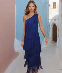 Vestido Mykonos azúl Klein flecos asimetrico, tallas 36-46)