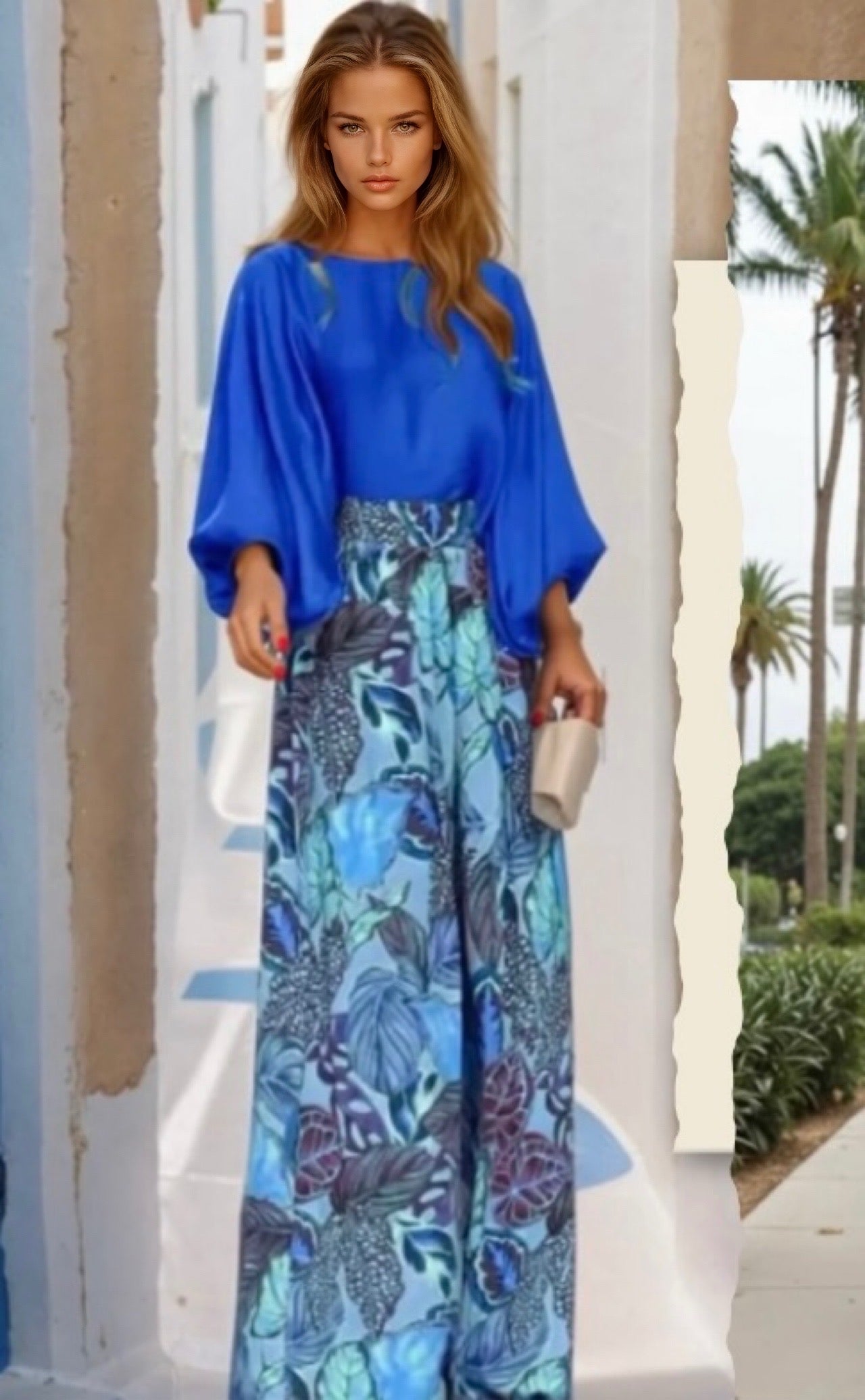 Conjunto Caribe 2 en 1 piezas camisa con puños de nido de abeja satinado y pantalón elástico parte trastera, 3 estampados, tallas (36-50)
