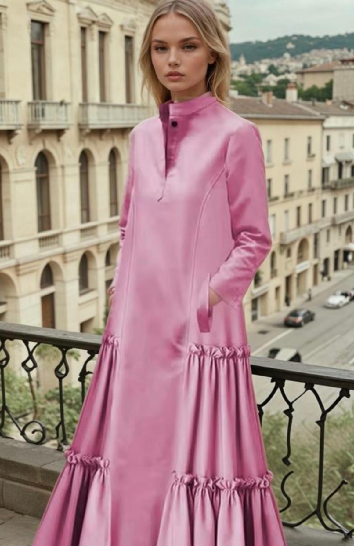 Vestido Lady satinado con boldillos y volantes, 5 tallas (36-44)