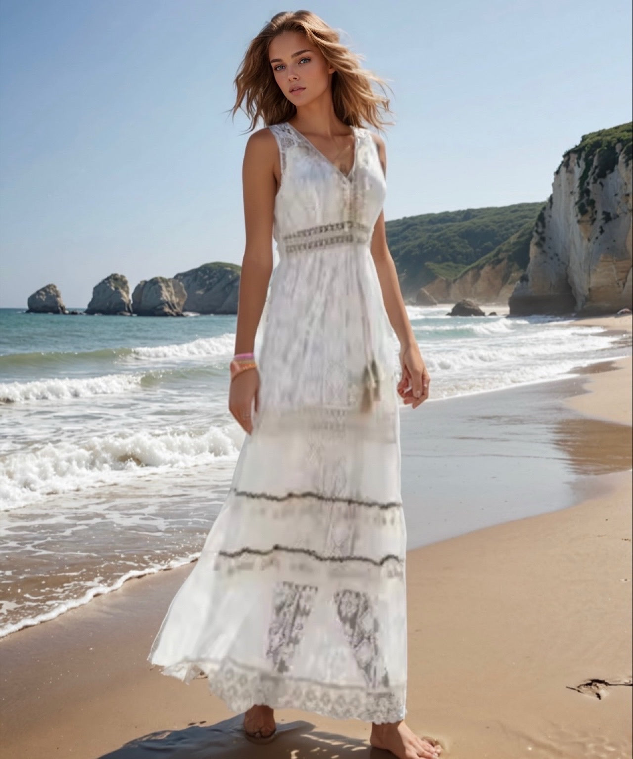 Sahara lace dress, 2 colors, white and beige with inner lining, elastic, sizes (36-44)