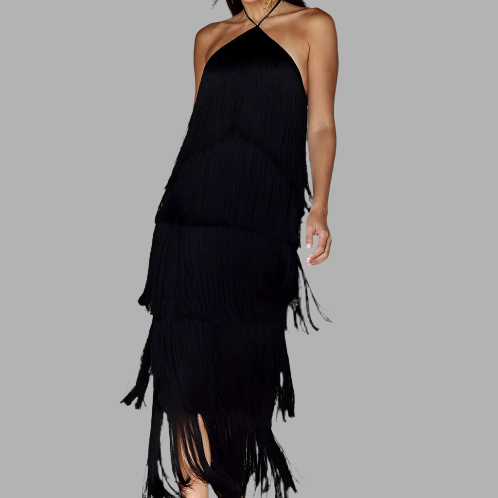 Vestido Cocktail flecos cuello halter, 3 colores, tallas (36-44)