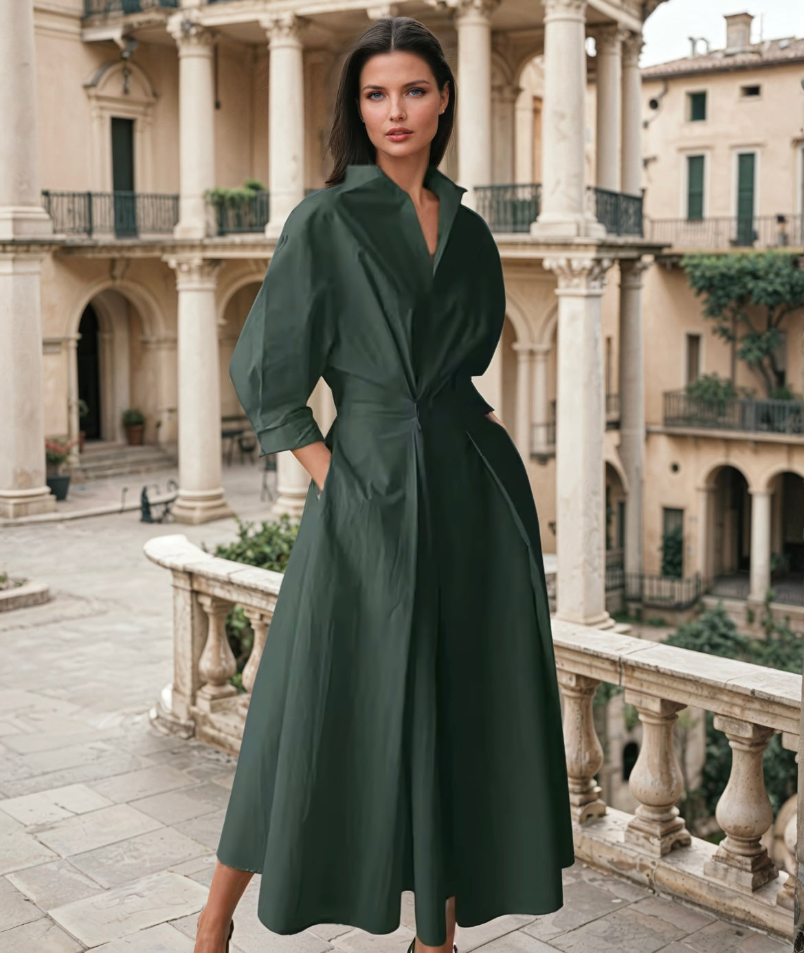 Mintlis mujer algodón licra con elasticidad en la parte cintura goma trasera, vestido Modena verde botella, tallas (36-50)