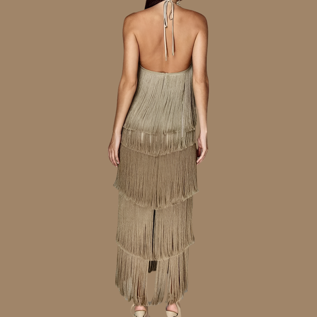 Vestido Cocktail flecos cuello halter, 3 colores, tallas (36-44)