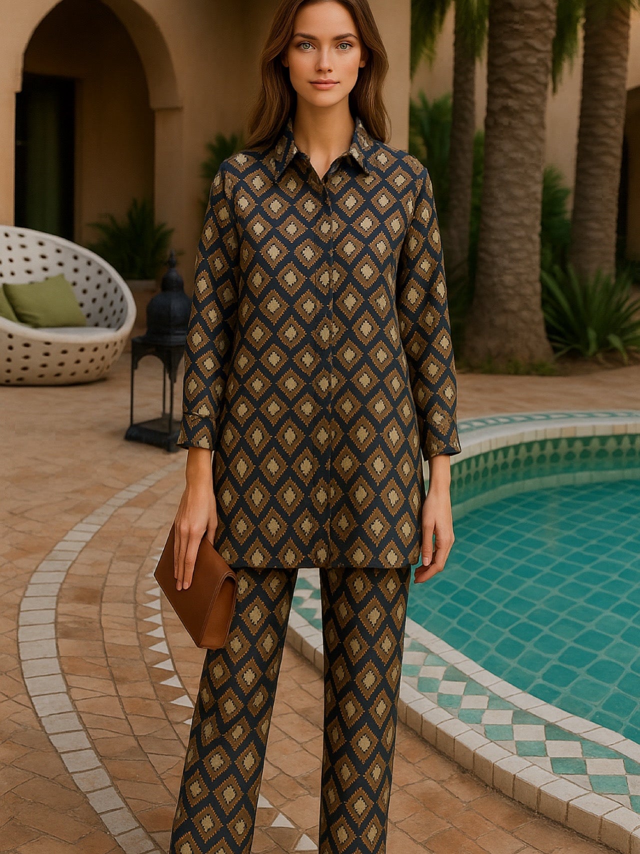 Conjunto Nataly blusa y pantalón con cintura elástica, algodón satinado caída, tallas (36-48)
