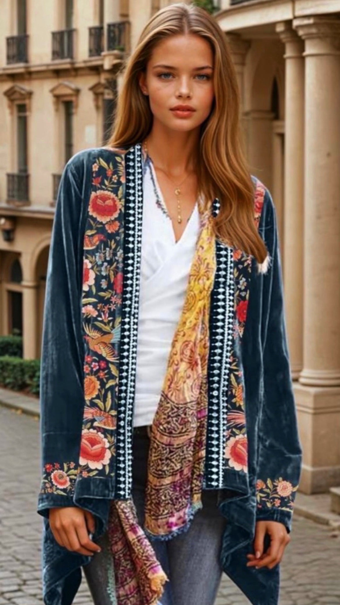 Mintlis mujer terciopelo cárdigan Liberty flores, 2 colores, tallas (36-50)