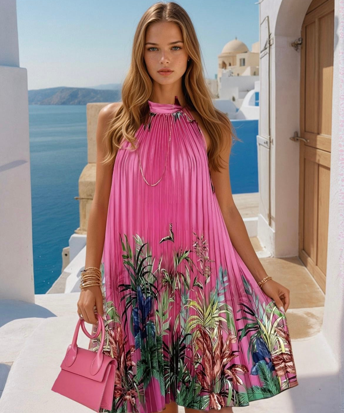 Amanda pleated dress with shift collar, 2 colours, 5 sizes (36-46)
