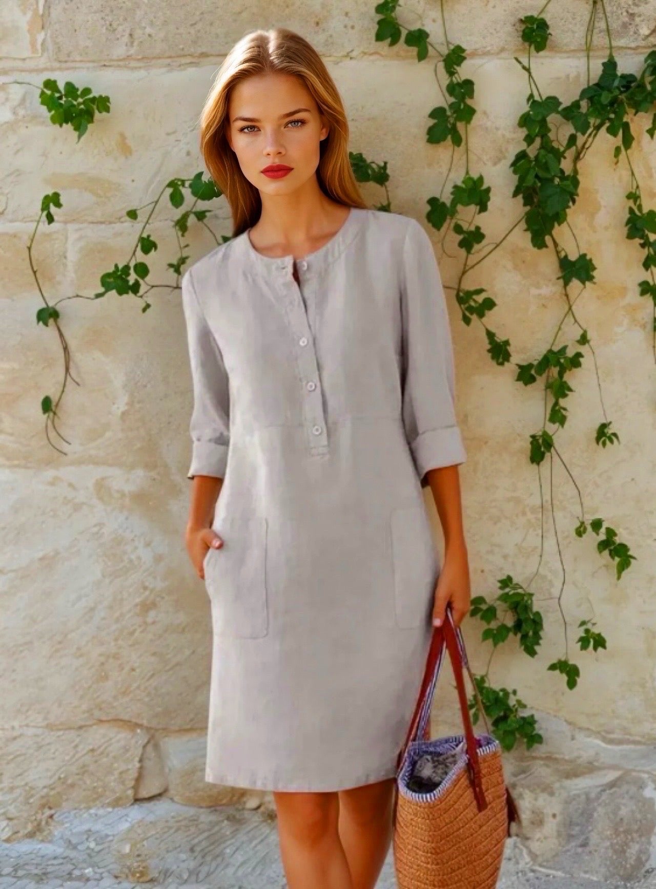 Mintlis mujer, algodón lino licra, 3 colores, vestido Claudin, tallas (36-46)