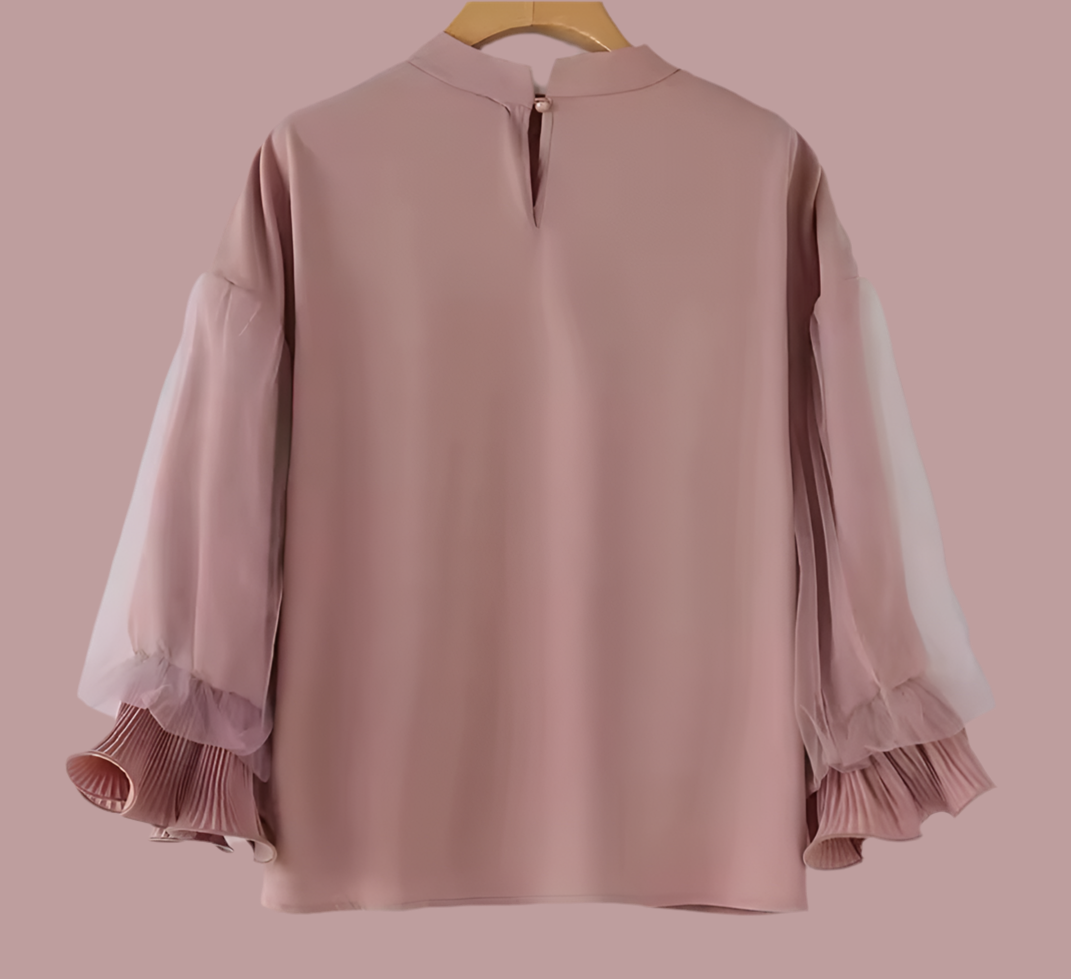 Chemise en dentelle plissée pour femmes, couture de couleur unie, nouveau chemisier, haut à volants, manches bouffantes, col rond, automne hiver 2023