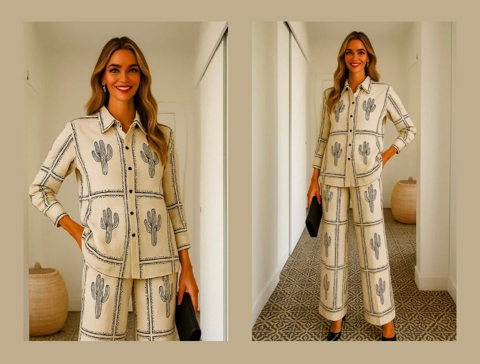 Conjunto camisa y pantalón cintura elástica de algodón satinado, color blanco roto estampado,tallas (36-46)