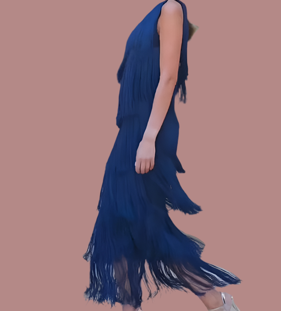 Vestido Mykonos azúl Klein flecos asimetrico, tallas 36-46)