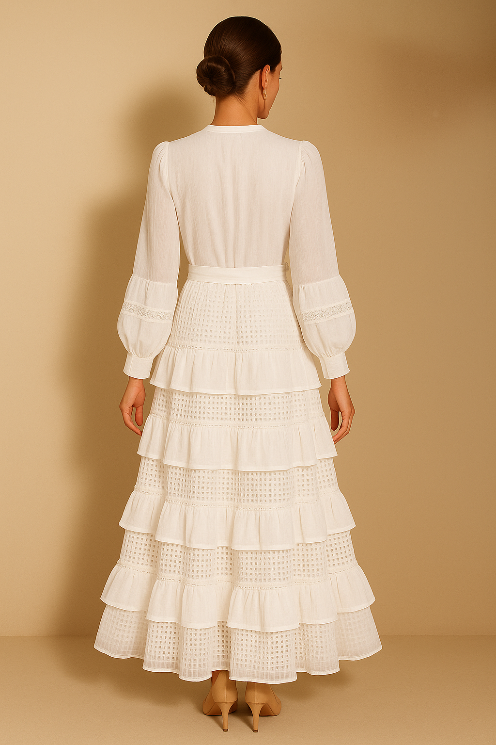 Vestido Karen de gasa de algodón con encaje y volantes, 4 colores, tallas (36-48)