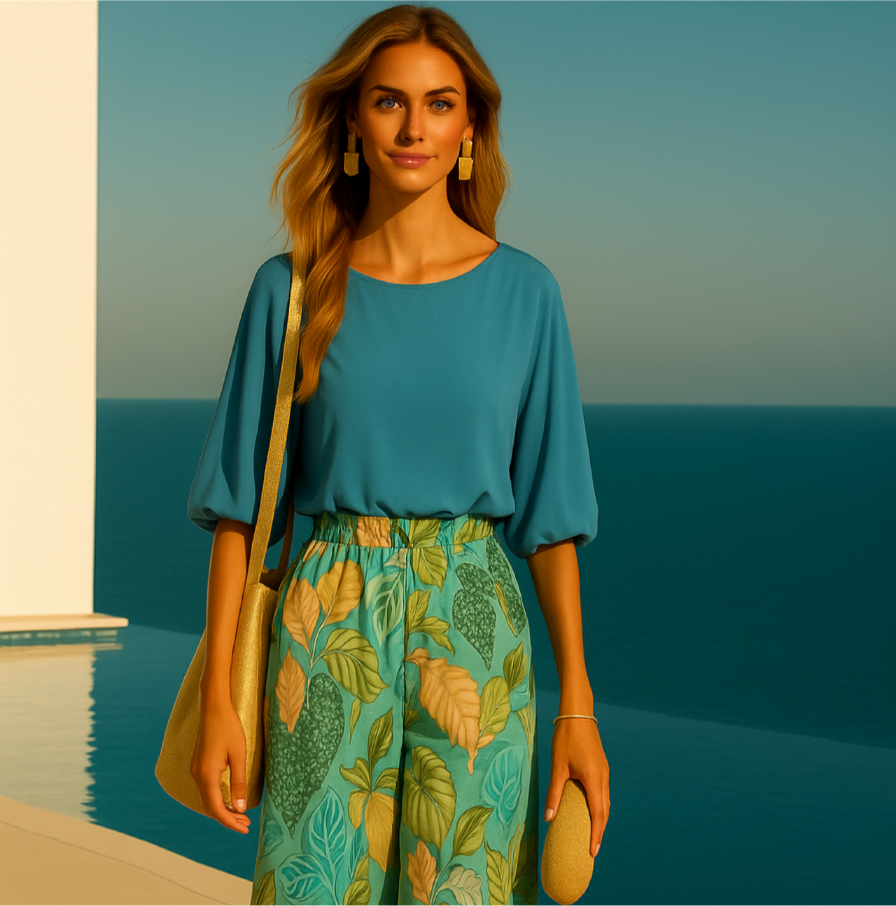 -39% OFF ULTIMAS UNIDADES ✅conjunto 2 piezas camisa gasa satinado y pantalón elástico Tropicana, tallas (36-50)4 colores, made in Italy