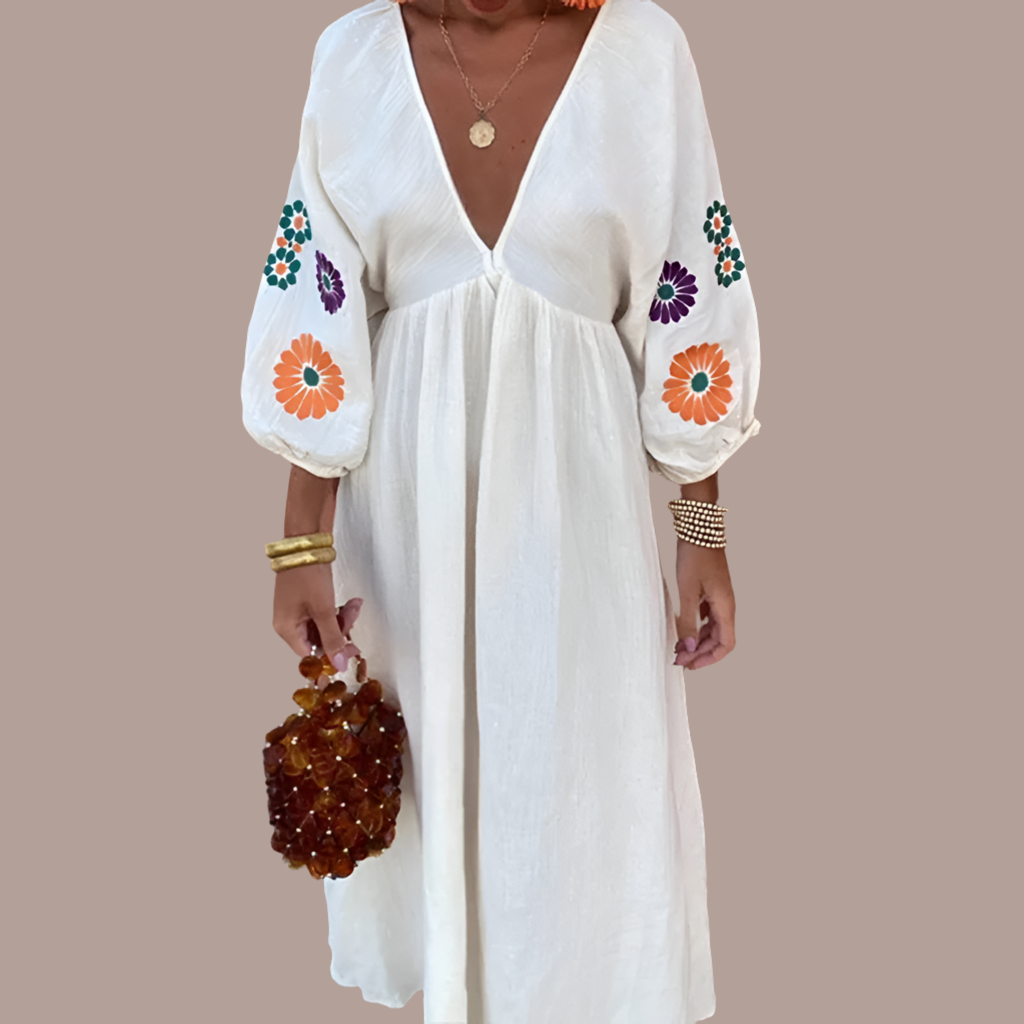 Vestido Andaluz bordado de algodón lino, 3 tallas, envíos gratis 🥰 48/72 hrs