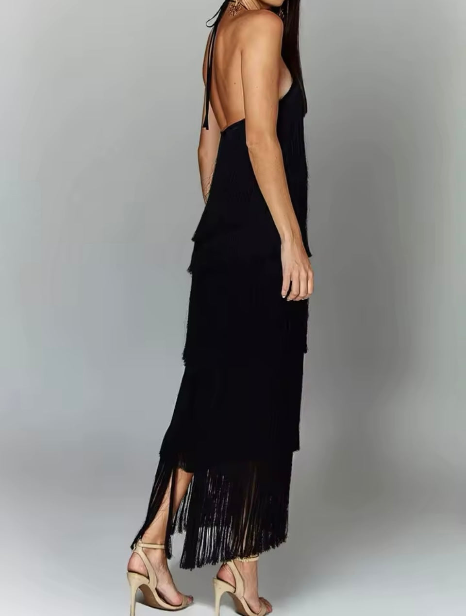 Vestido Cocktail flecos cuello halter, 3 colores, tallas (36-44)