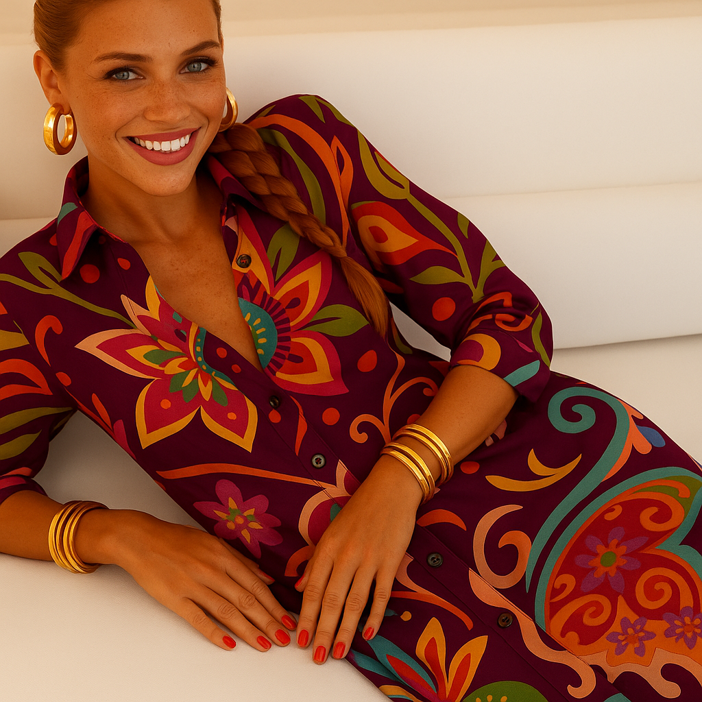 Menorca dress, 3 floral prints: brown, fuchsia, and orange, sizes (36-50)