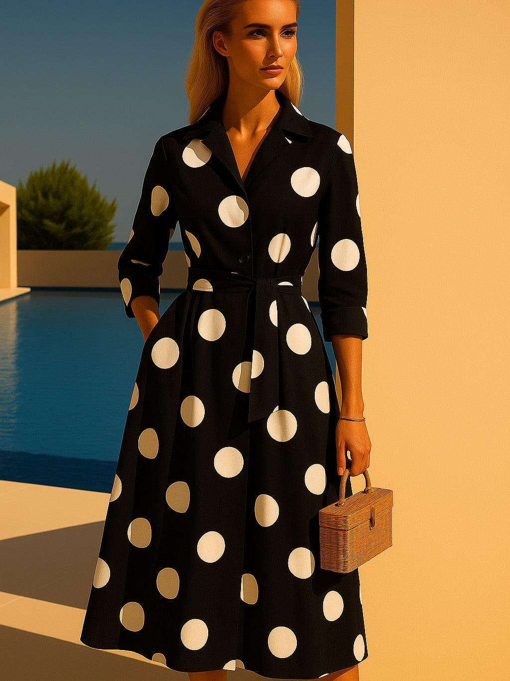 Mintlis women's cotton lycra, with elastic waistband at the back, polka dot Modena dress, sizes (36-52)