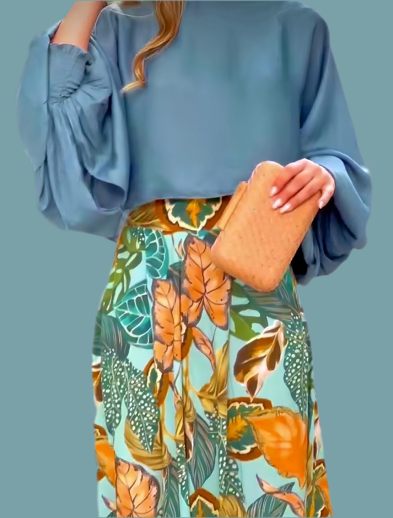 Conjunto Caribe 2 en 1 piezas camisa con puños de nido de abeja satinado y pantalón elástico parte trastera, 3 estampados, tallas (36-50)