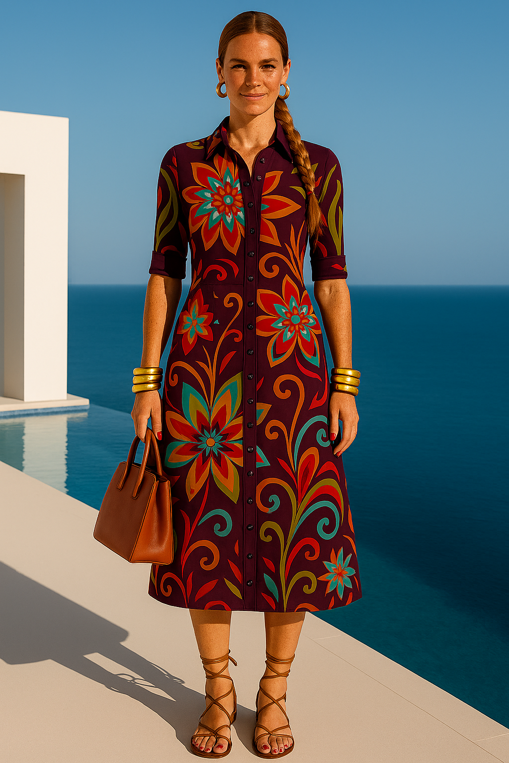 Menorca dress, 3 floral prints: brown, fuchsia, and orange, sizes (36-50)