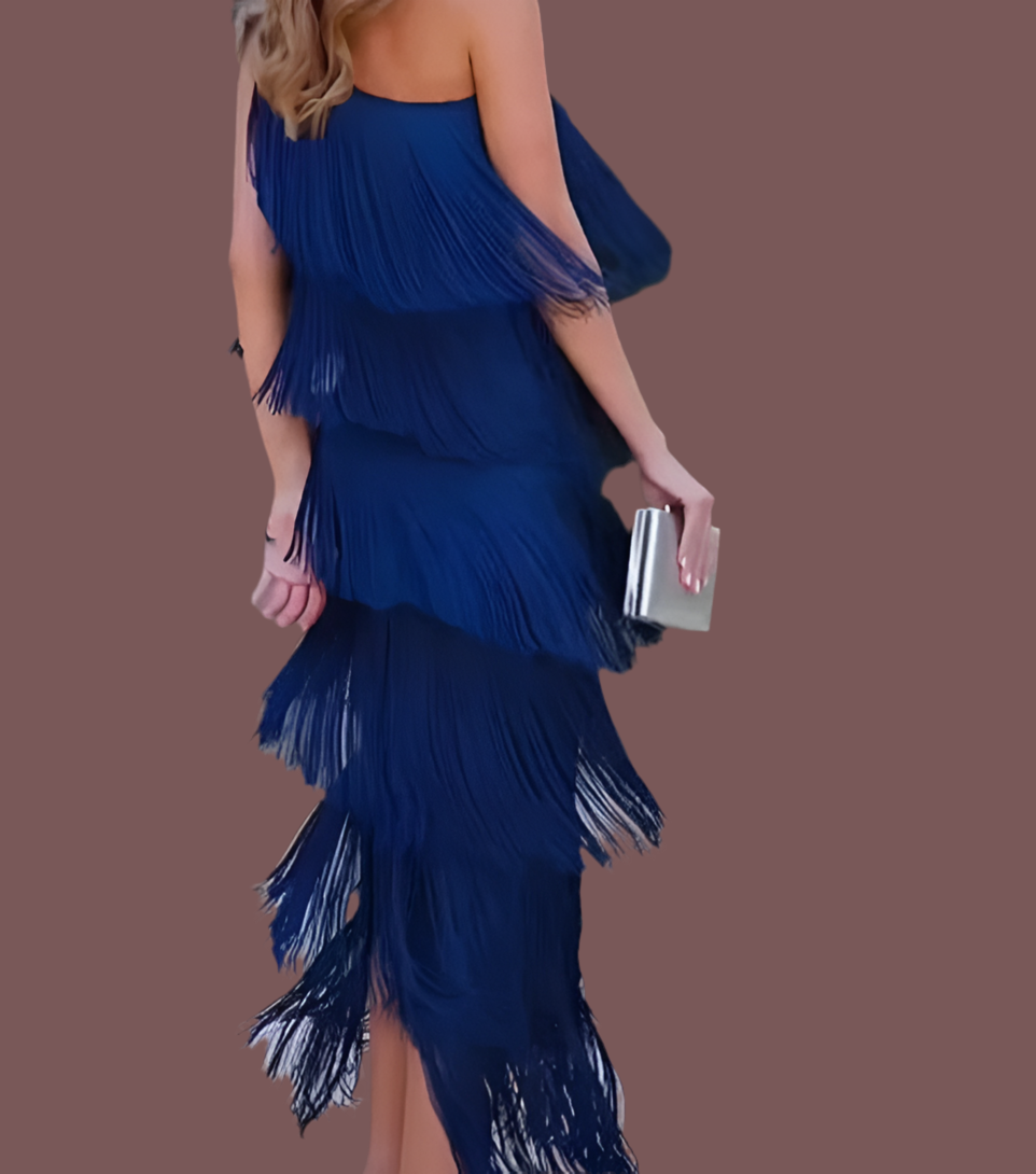 Vestido Mykonos azúl Klein flecos asimetrico, tallas 36-46)