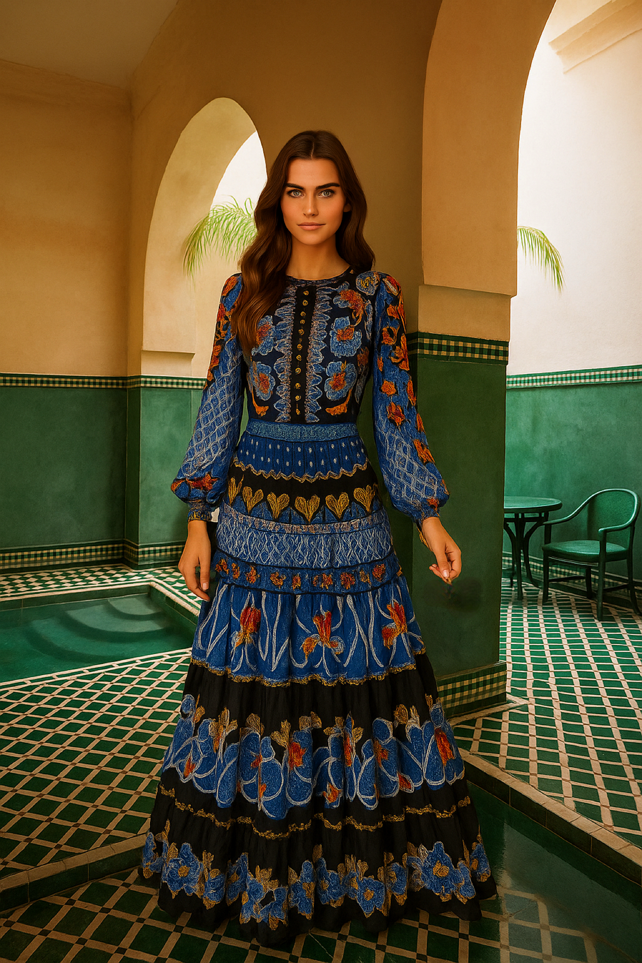 Vestido Geneva largo mangas abombadas, tallas (36-46) made in India