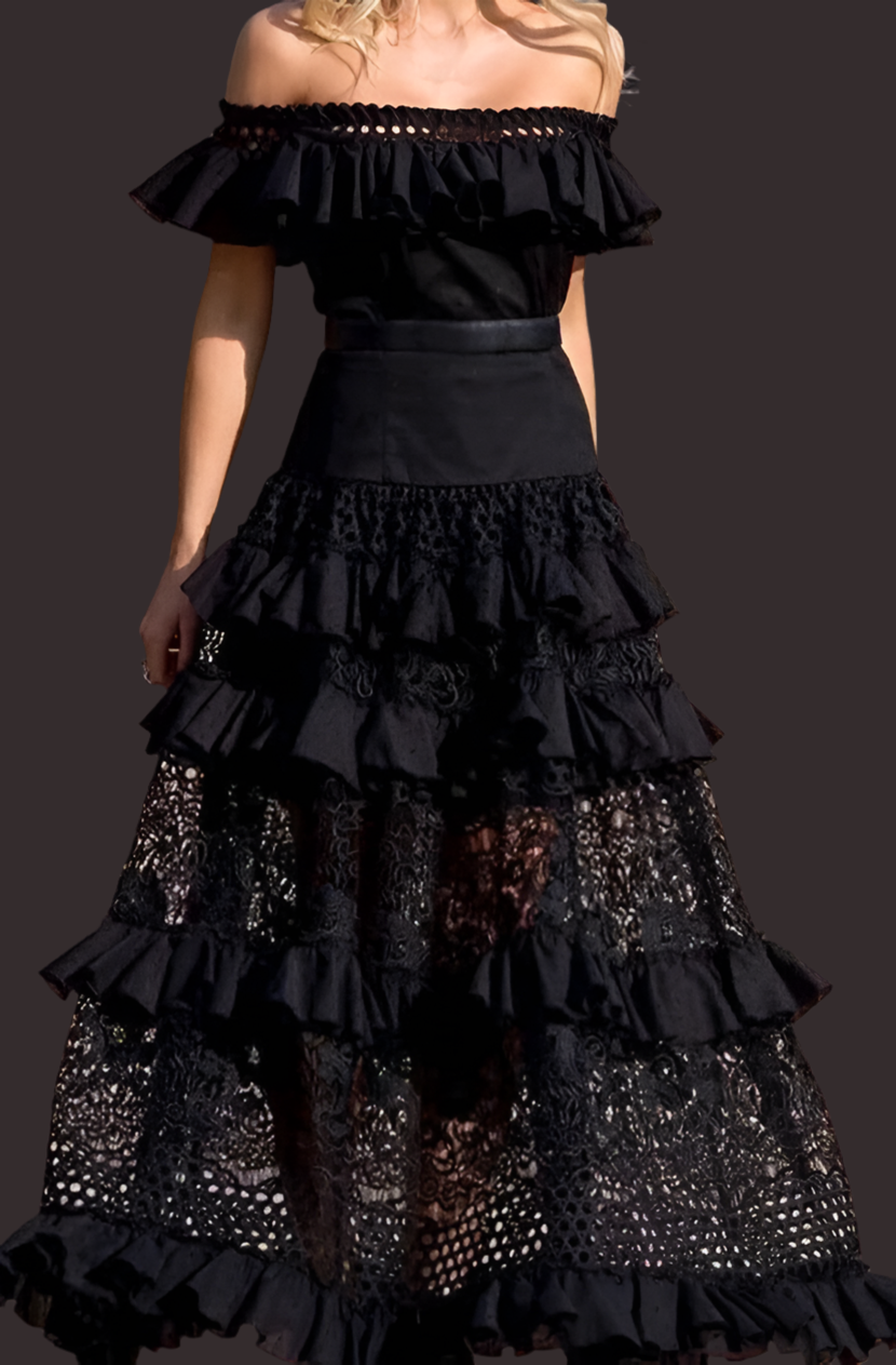 Vestido Alison volantes bordado de algodón licra y encaje, 6 tallas