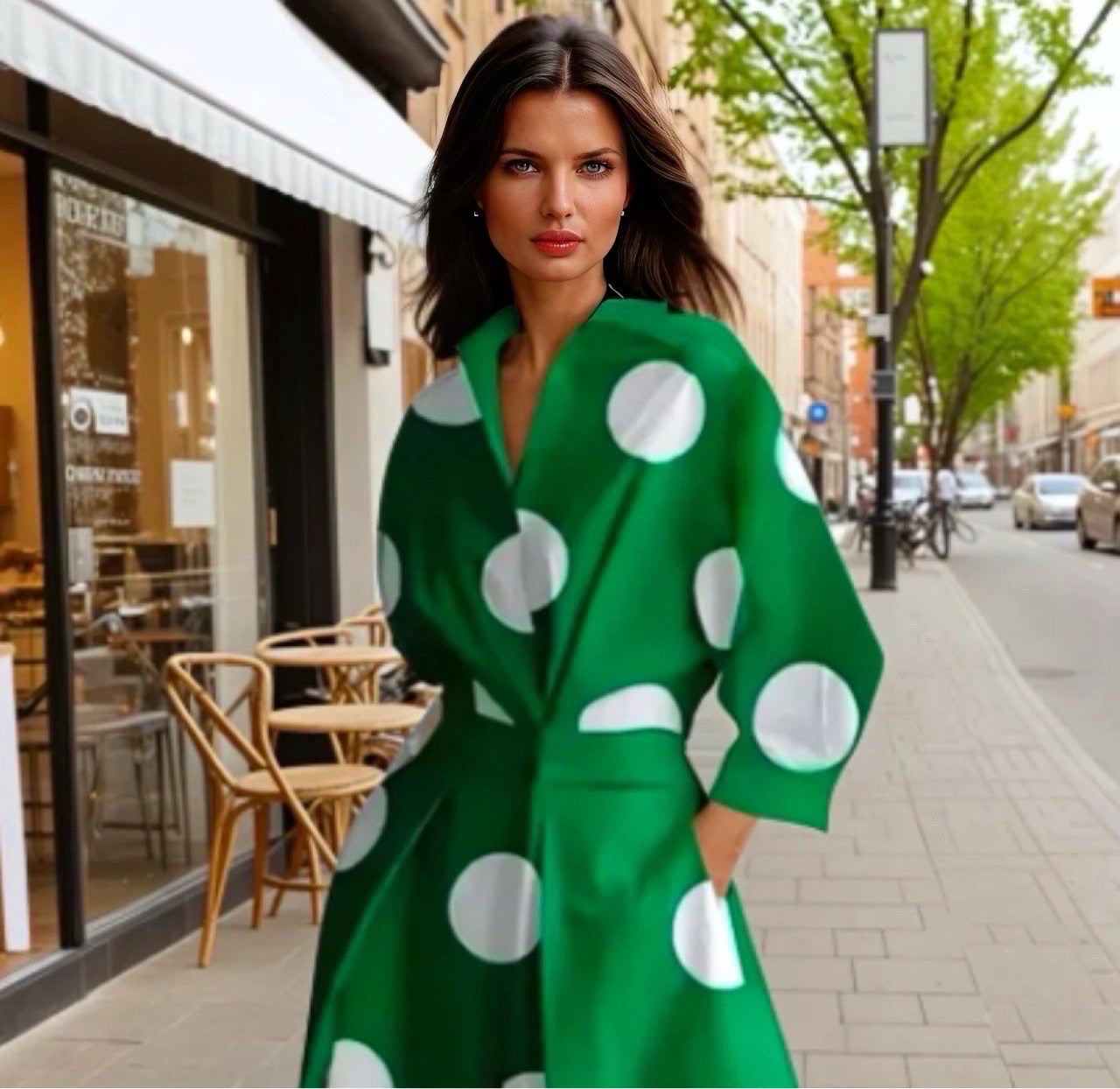 Mintlis mujer, algodón licra,elástico cintura trasera, 3 estampados, vestido Modena lunares verdes tallas (36-46)