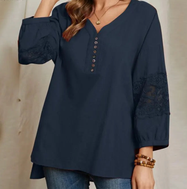 ZANZEA femmes automne Chemise élégante col en V dentelle Patchwork Blouse décontracté solide hauts tunique Chemise ample 2023 Blusas Femininas hauts