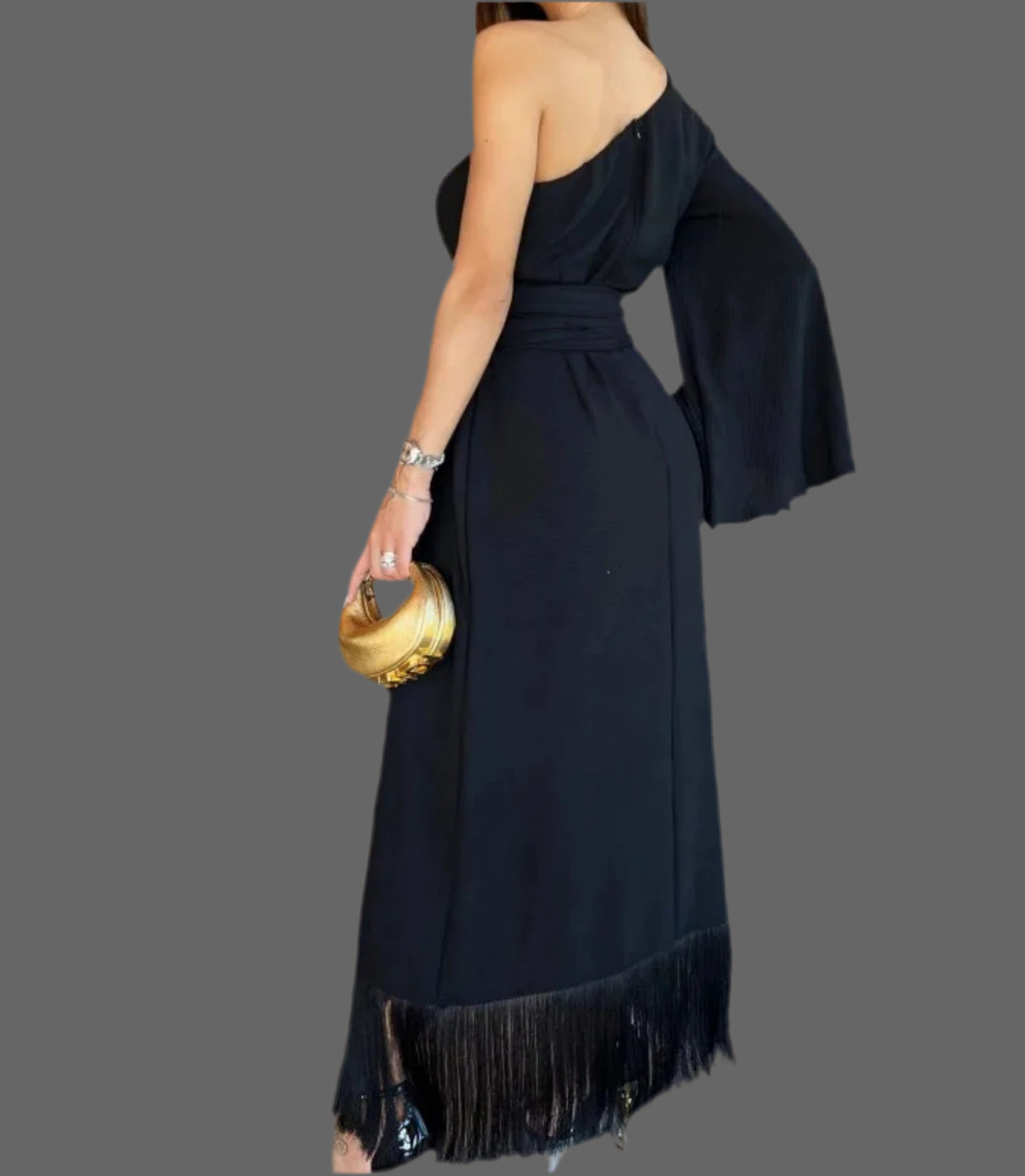 Vestido Vivían flecos con fajín con flecos asimétrico, 5 tallas 36-44