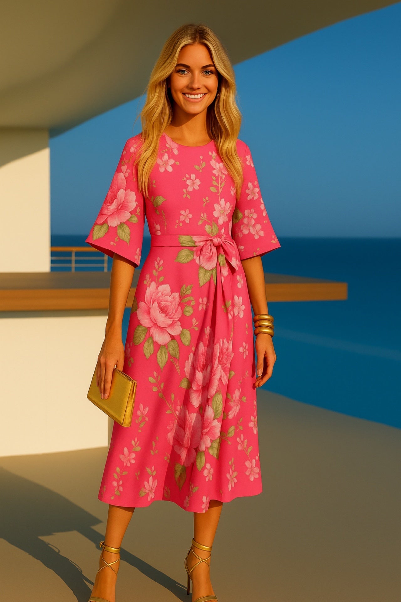 Vestido Chelsea punto de algodón con fajín, 4 estampados, tallas (36-50)