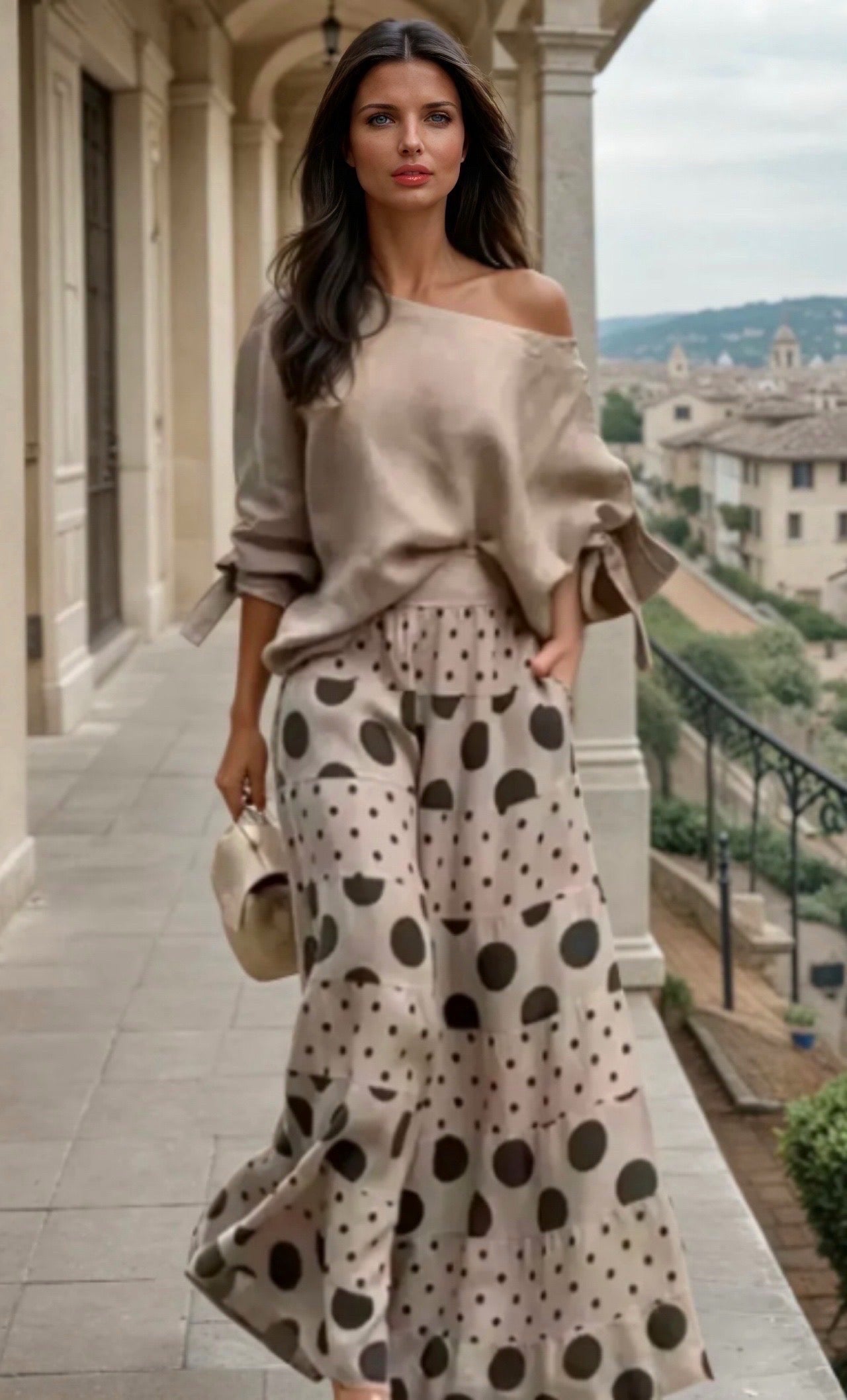 Polka dot Feria set, 2 pieces, top and elasticated skirt-pants, 3 prints, sizes (36-50)