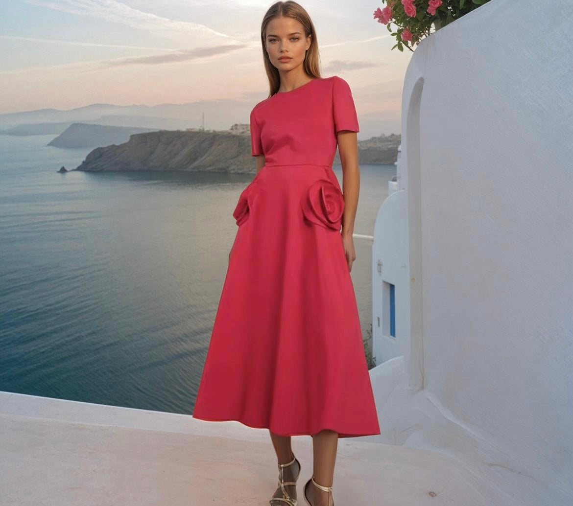 Vestido Flamenco flores strech crepe de algodón, 3 colores, tallas(36-44)