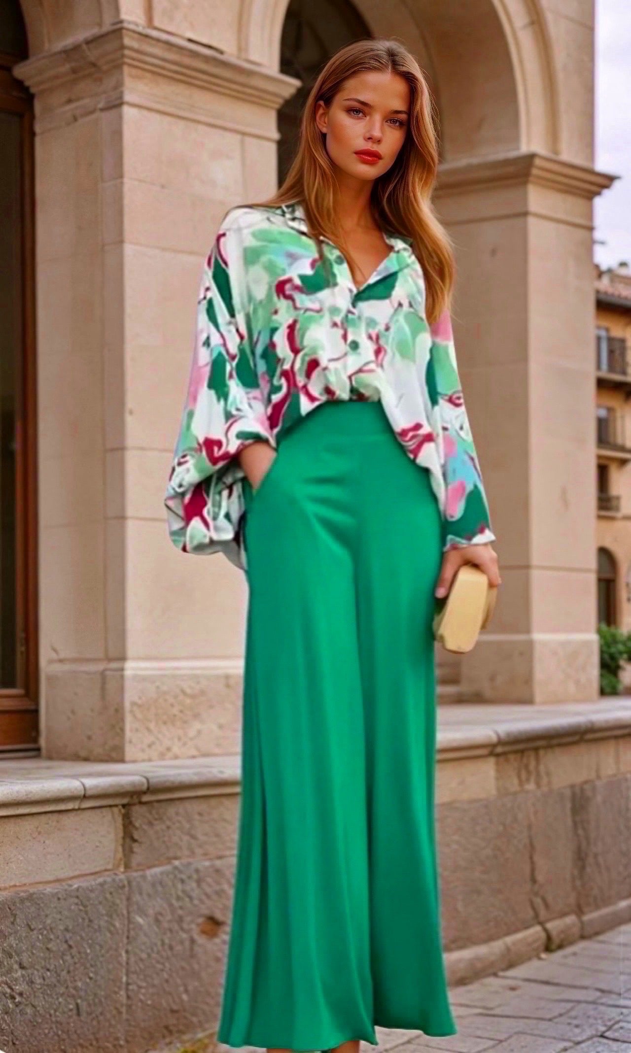 Mintlis mujer, algodón poliester satinado, conjunto camisa y pantalón Cubana, 3 colores tallas (36-50)