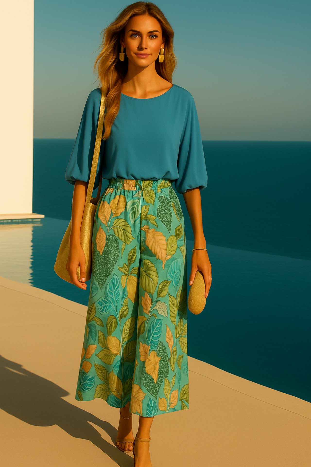-39% OFF ULTIMAS UNIDADES ✅conjunto 2 piezas camisa gasa satinado y pantalón elástico Tropicana, tallas (36-50)4 colores, made in Italy
