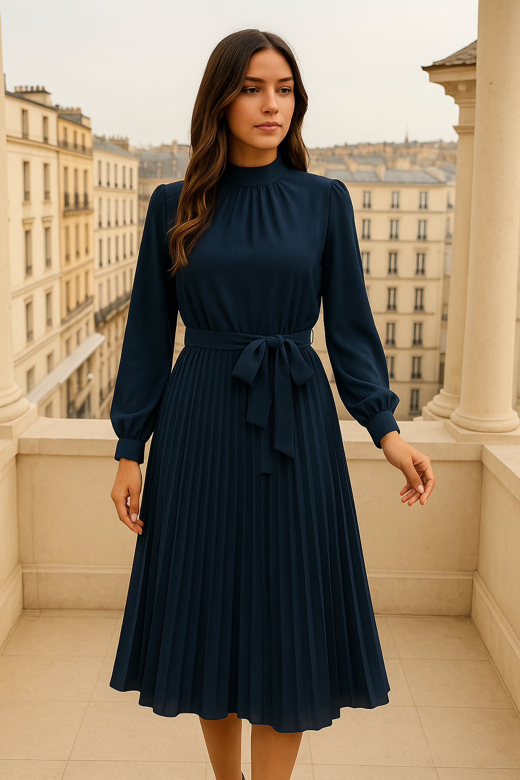 Vestido Grace plisado con fajín, 9 colores tallas (36-50) made in Portugal, alta calidad de tejido con forro interior