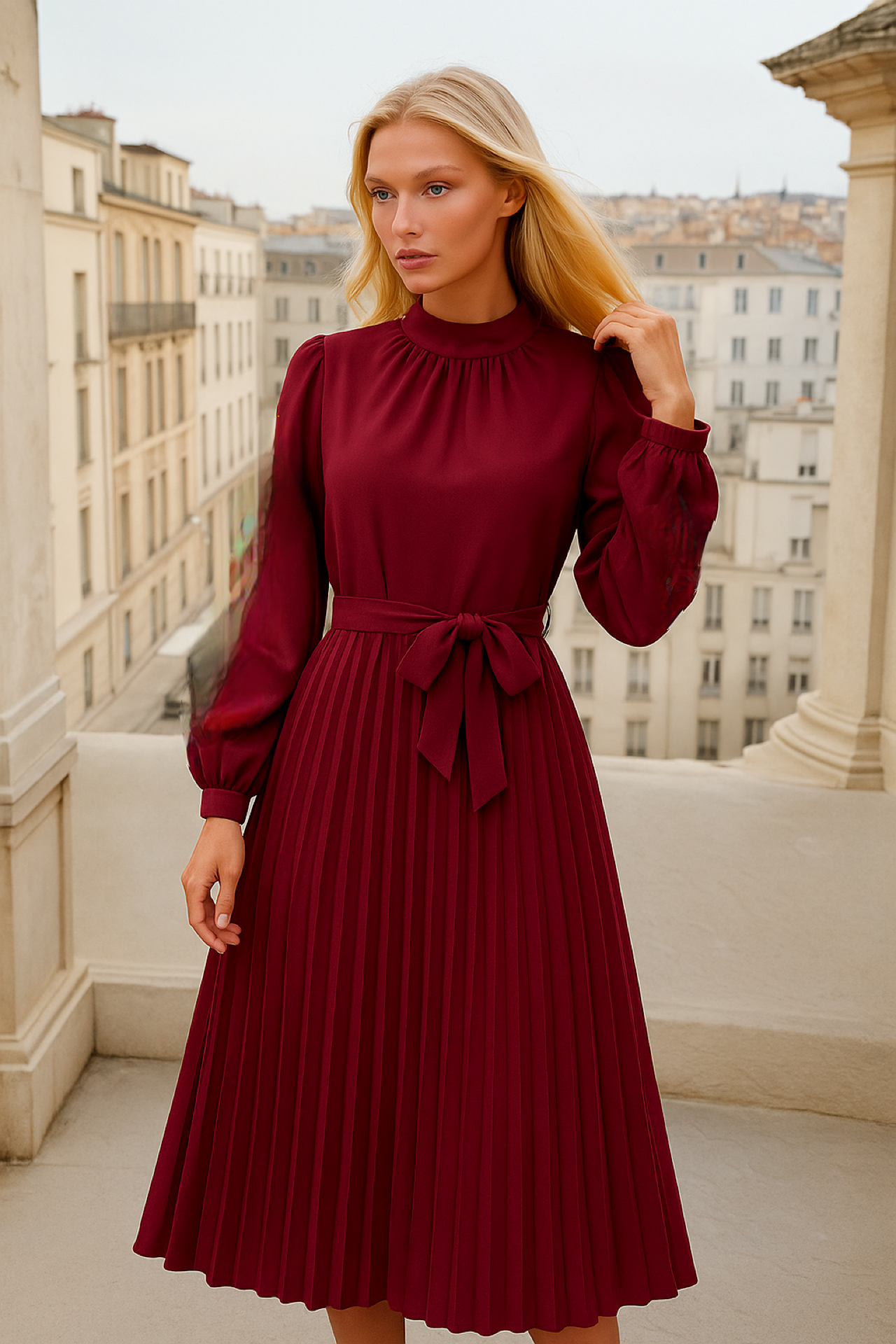 Vestido Grace plisado con fajín, 9 colores tallas (36-50) made in Portugal, alta calidad de tejido con forro interior
