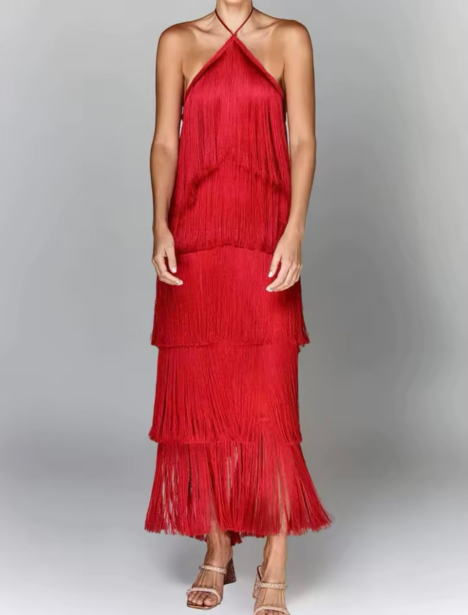 Vestido Cocktail flecos cuello halter, 3 colores, tallas (36-44)
