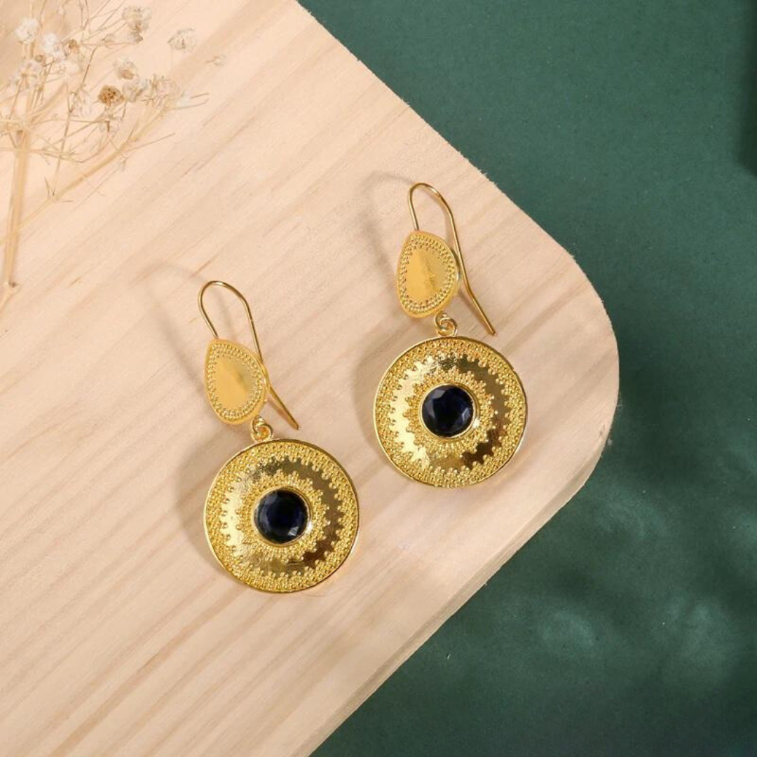 Pendientes Circulares con Cristal Negro Dorados y Plateados