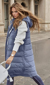 British blue down jacket with cotton hood. Sizes (38-46)