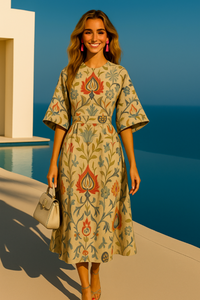 Vestido Grecia de punto licra de algodón y fajín, 3 estampados, tallas (36-50)
