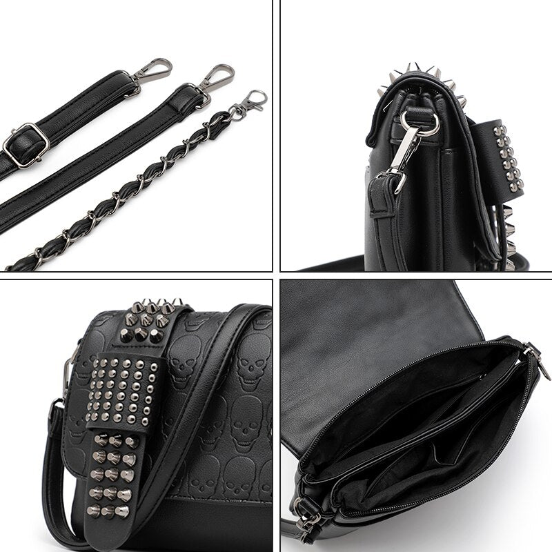 Sac à bandoulière tête de mort en cuir noir