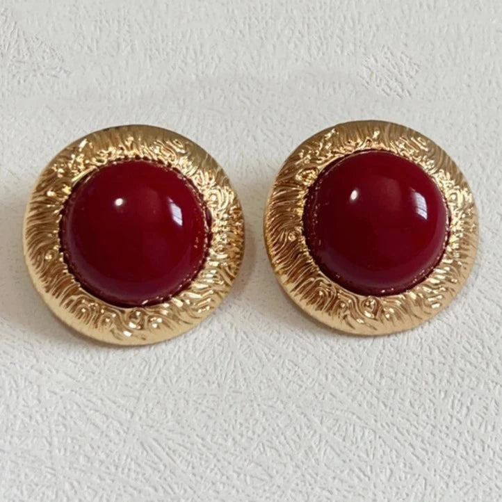 Pendientes Dorados Piedra Roja Y Negra